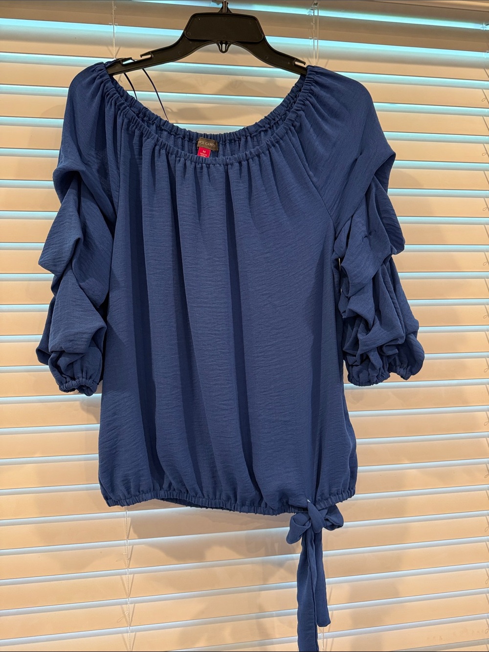 Vince Camuto Royal Blue Off-Shoulder Ruffle Sleeve Top with Tie Hem
